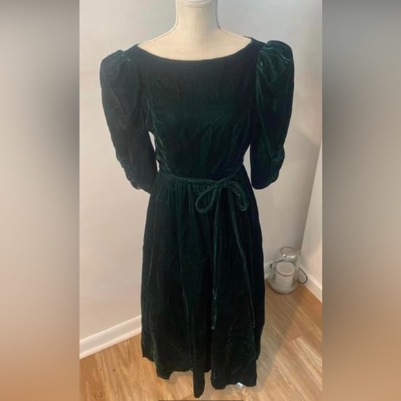 Vintage 80s Dress Green Velvet - Picture 1 of 3